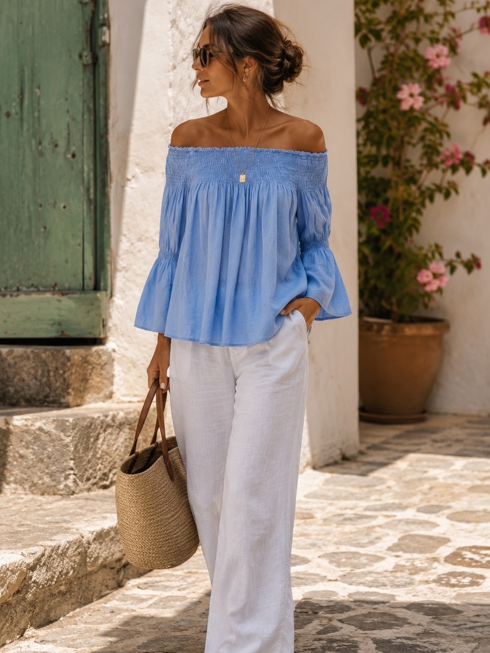 Zara 100% Linen Smocked Off Shoulder Top M Blue Airy Summer Vacation Resort